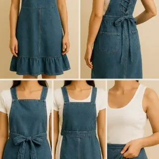 Collage of apron dress design variations from upcycled jeans: ruffle hem, corset lace back, bow-tied waist, invisible zipper, and side slits.