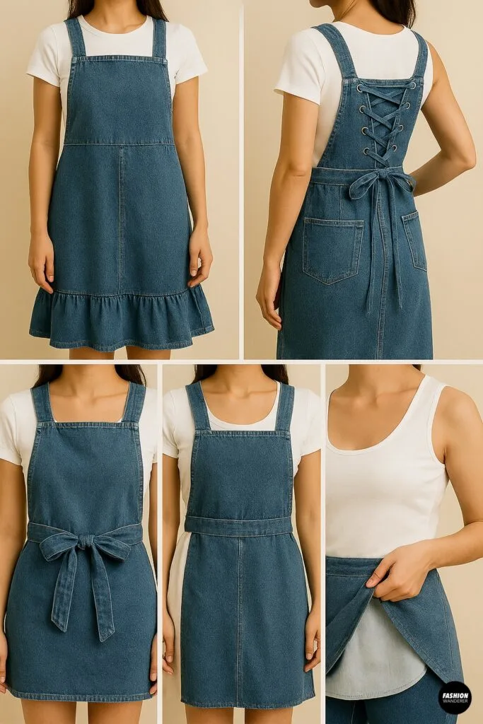 Collage of apron dress design variations from upcycled jeans: ruffle hem, corset lace back, bow-tied waist, invisible zipper, and side slits.