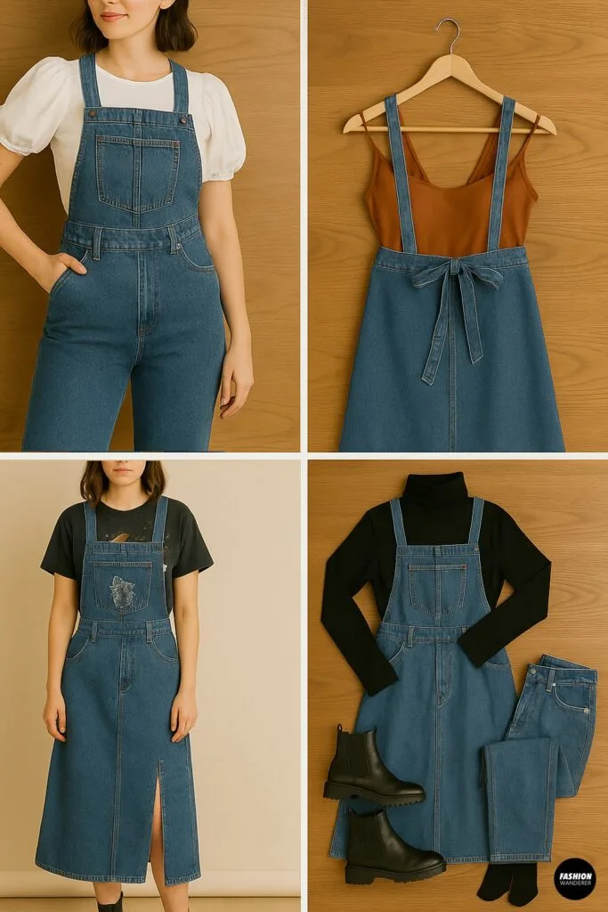 Four styling ideas for a denim apron dress made from upcycled jeans. Outfits include puff sleeve top, graphic tee, black turtleneck, and back view with tie straps. Ideal for fall and casual wardrobe inspiration.