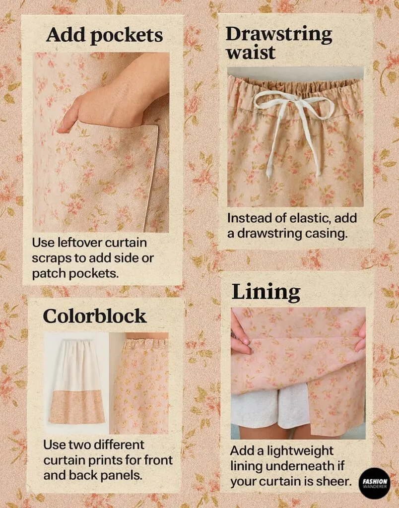 Collage: side pocket added, drawstring waist bow, colorblock panel, and sheer curtain lining peek on maxi skirt.