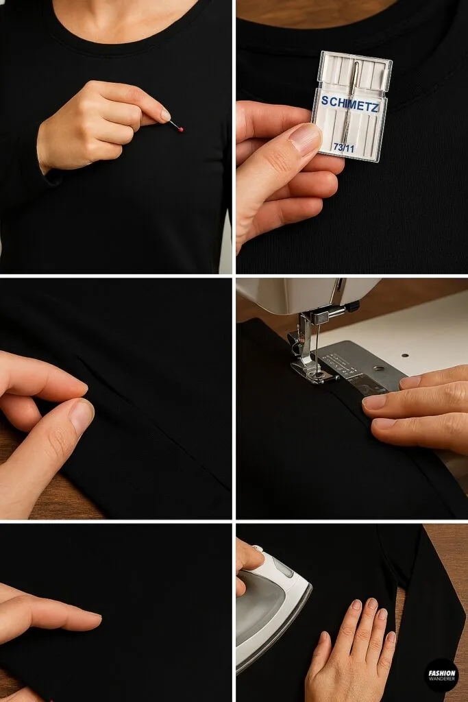 Collage of embroidery and sewing best practices including pinning, using stretch needles, pressing seams, and maintaining even stitching tension. Shown on black fabric.