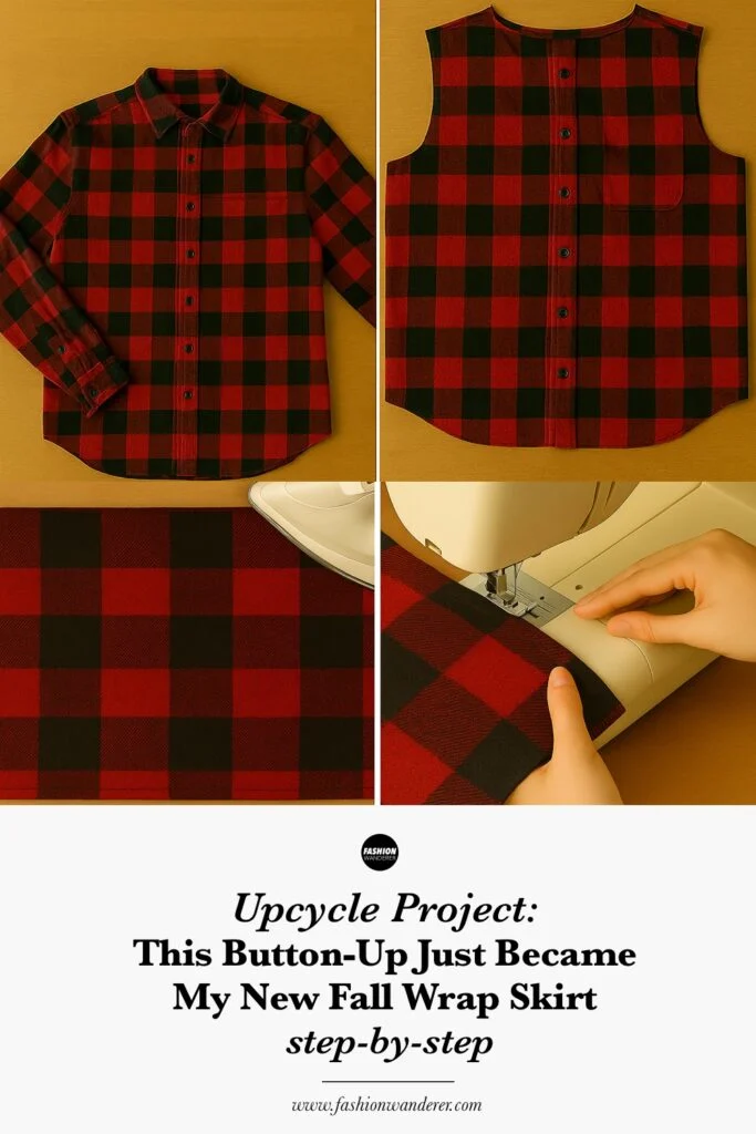 Step by step infographic showing how to upcycle a button-up shirt into a fall wrap skirt.