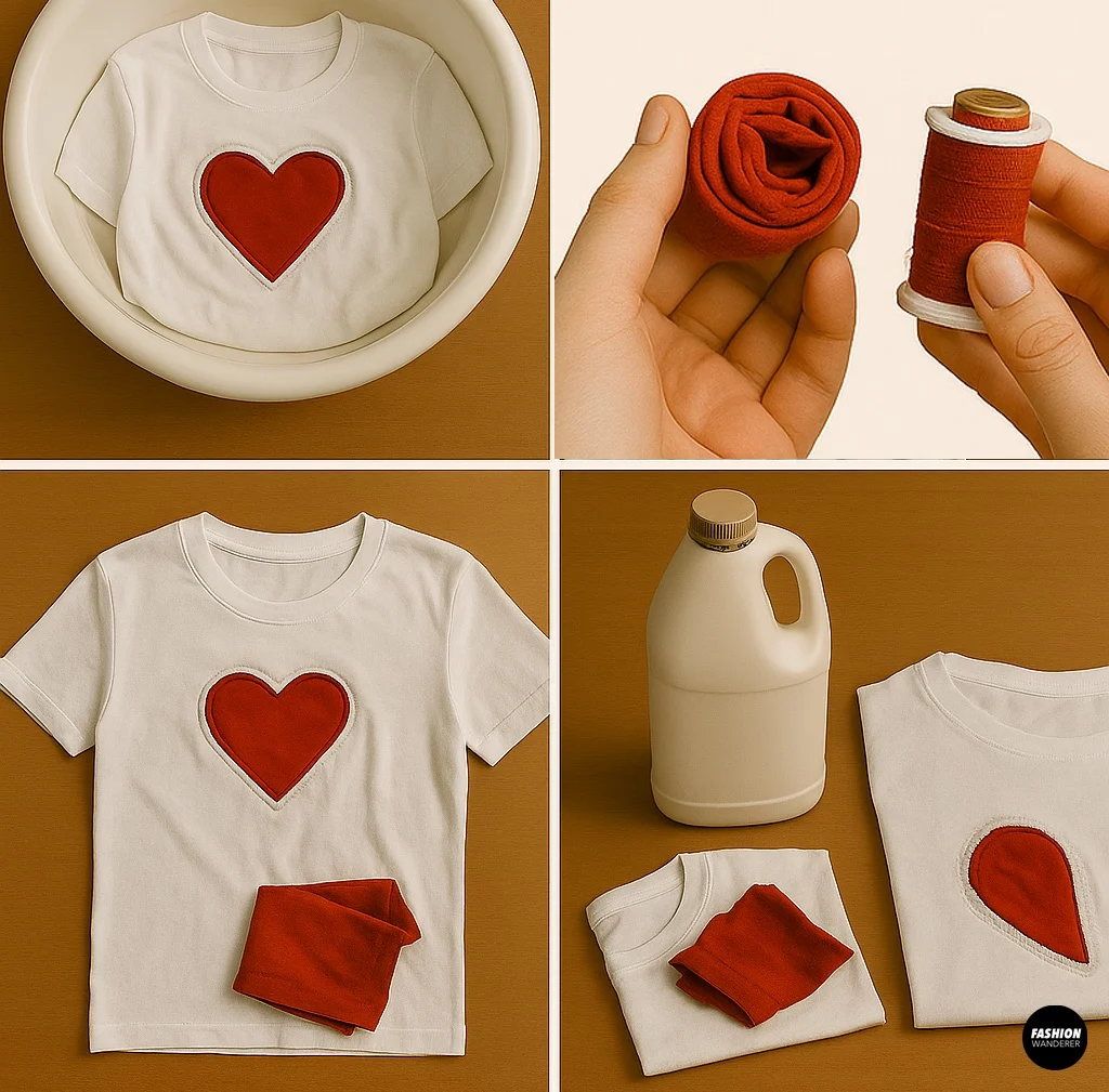 Photo collage showing a heart appliqu&eacute; T-shirt soaking in a wash basin, hanging the finished T-shirt on a wooden hanger, folding a red contrast fabric with the appliqu&eacute; visible, and a bottle of mild detergent beside the T-shirt.