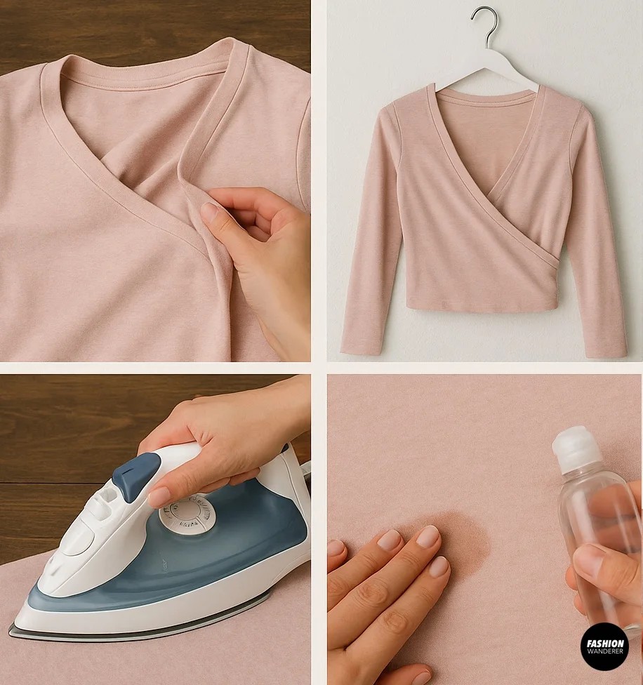 Visual guide showing how to press and smooth seams, remove chalk marks, and care for the finished wrap top; includes iron, water bottle, and close-up of fabric.