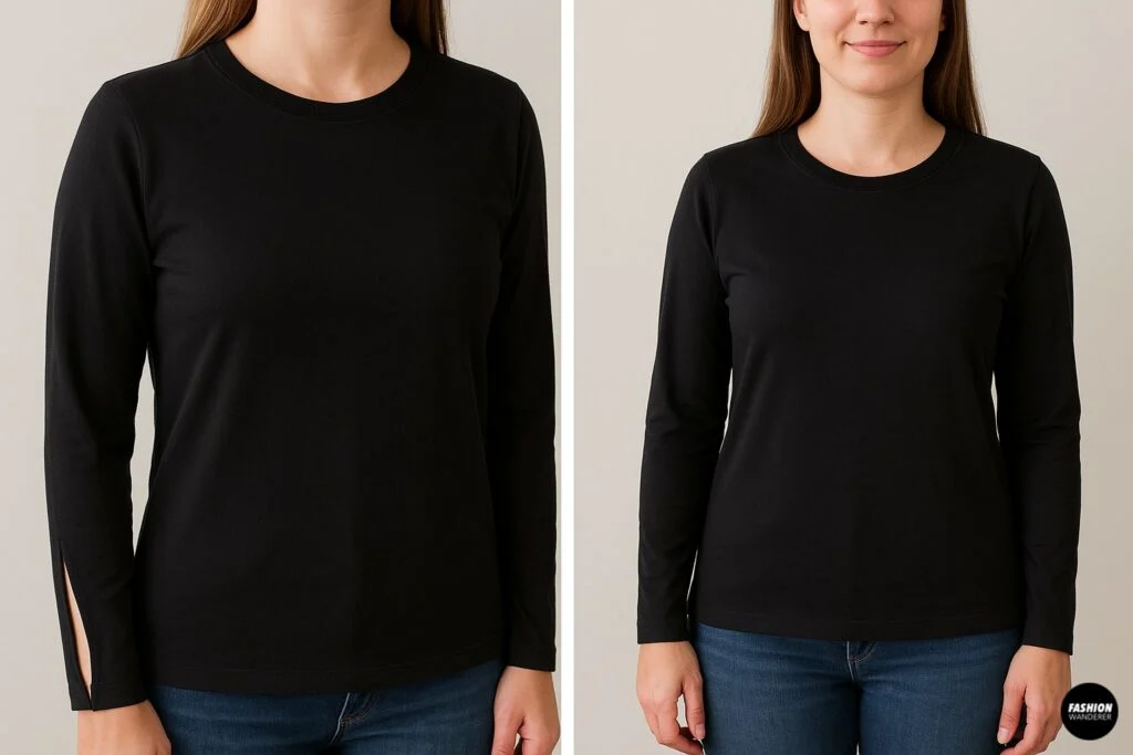 Side-by-side view of a woman wearing a plain black long sleeve tee before modification. Front views show the original shirt fit prior to slit sleeve DIY project.