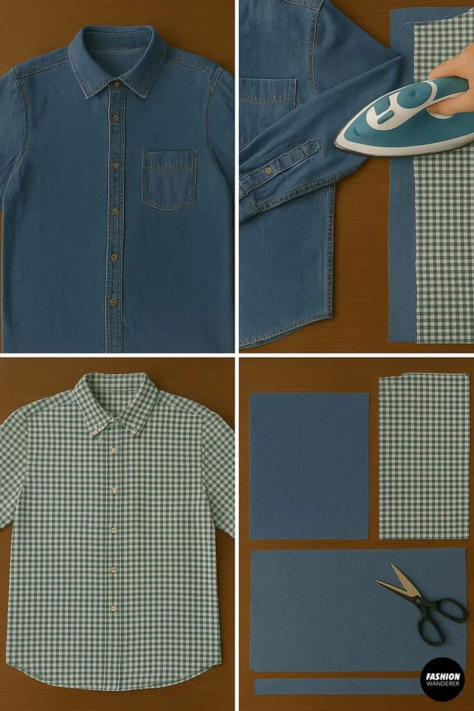 Flatlay of denim and gingham shirts being prepped and cut for sewing a reversible tote bag from old button-up shirts.