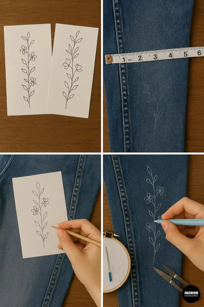 DIY embroidery tutorial step showing how to trace floral designs onto jeans with a fabric marker, using templates and measuring tape for accurate placement.