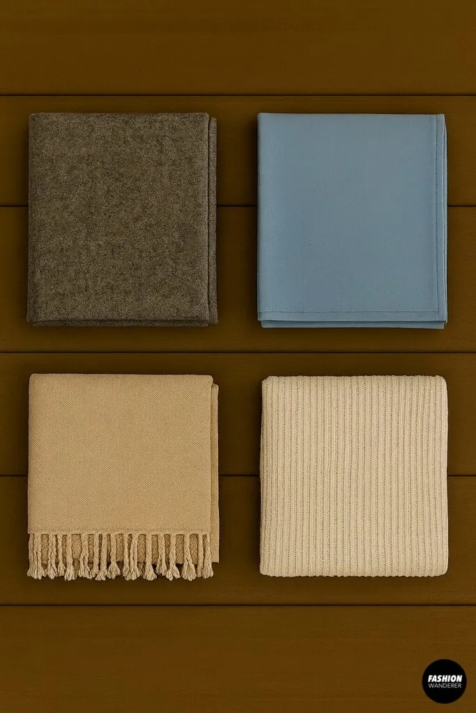 Four folded blanket fabric options including wool, fleece, cotton, and knits displayed on a wooden surface for DIY wrap coat sewing project.
