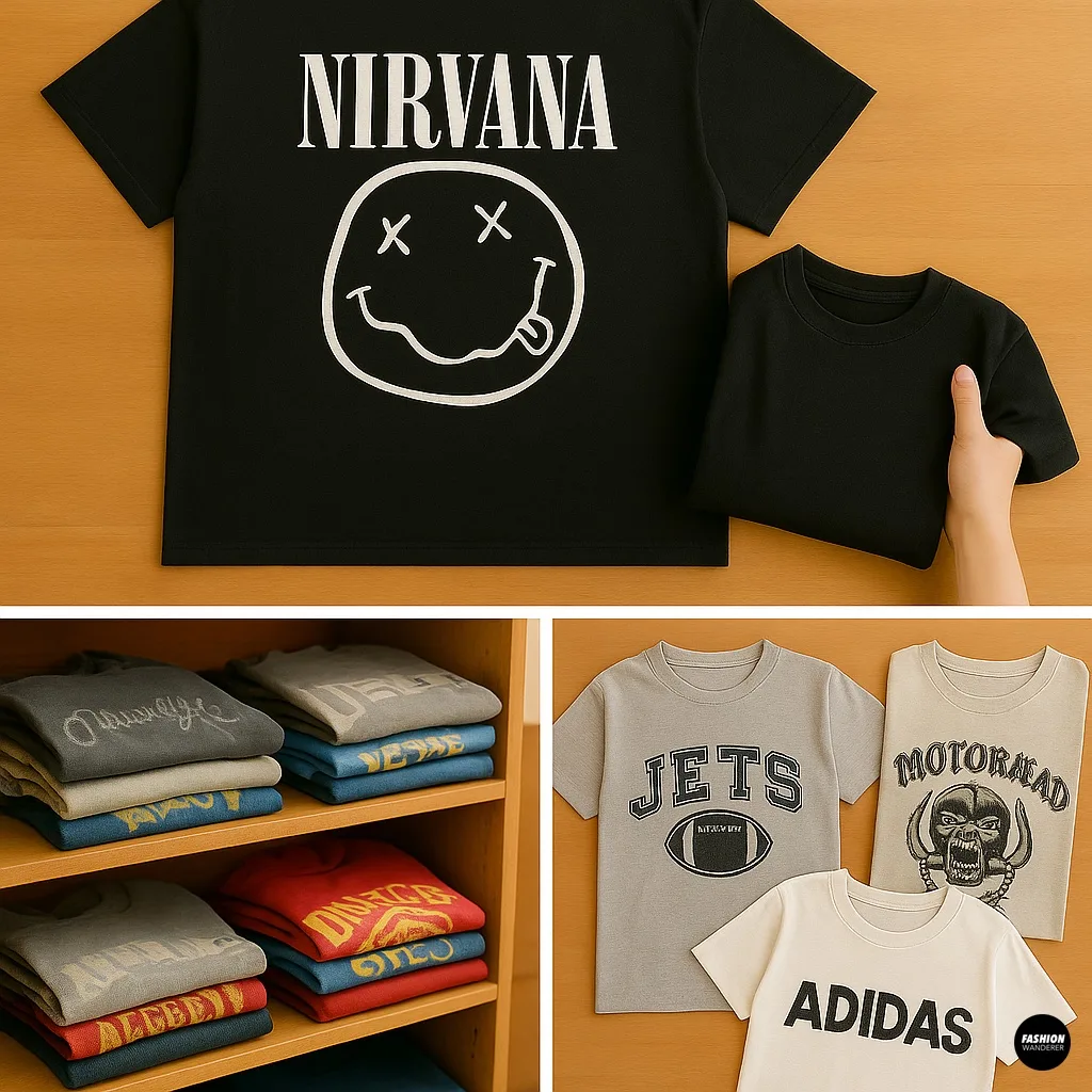 Collage of folded graphic tees including Nirvana, Jets, Motorhead, and Adidas, showing options when choosing the right oversized graphic tee for a DIY backless top.