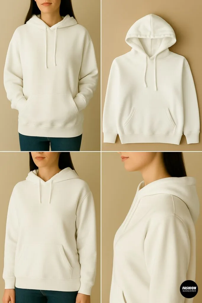 Choosing an oversized white hoodie for the DIY off-the-shoulder hack, shown on model and flatlay.