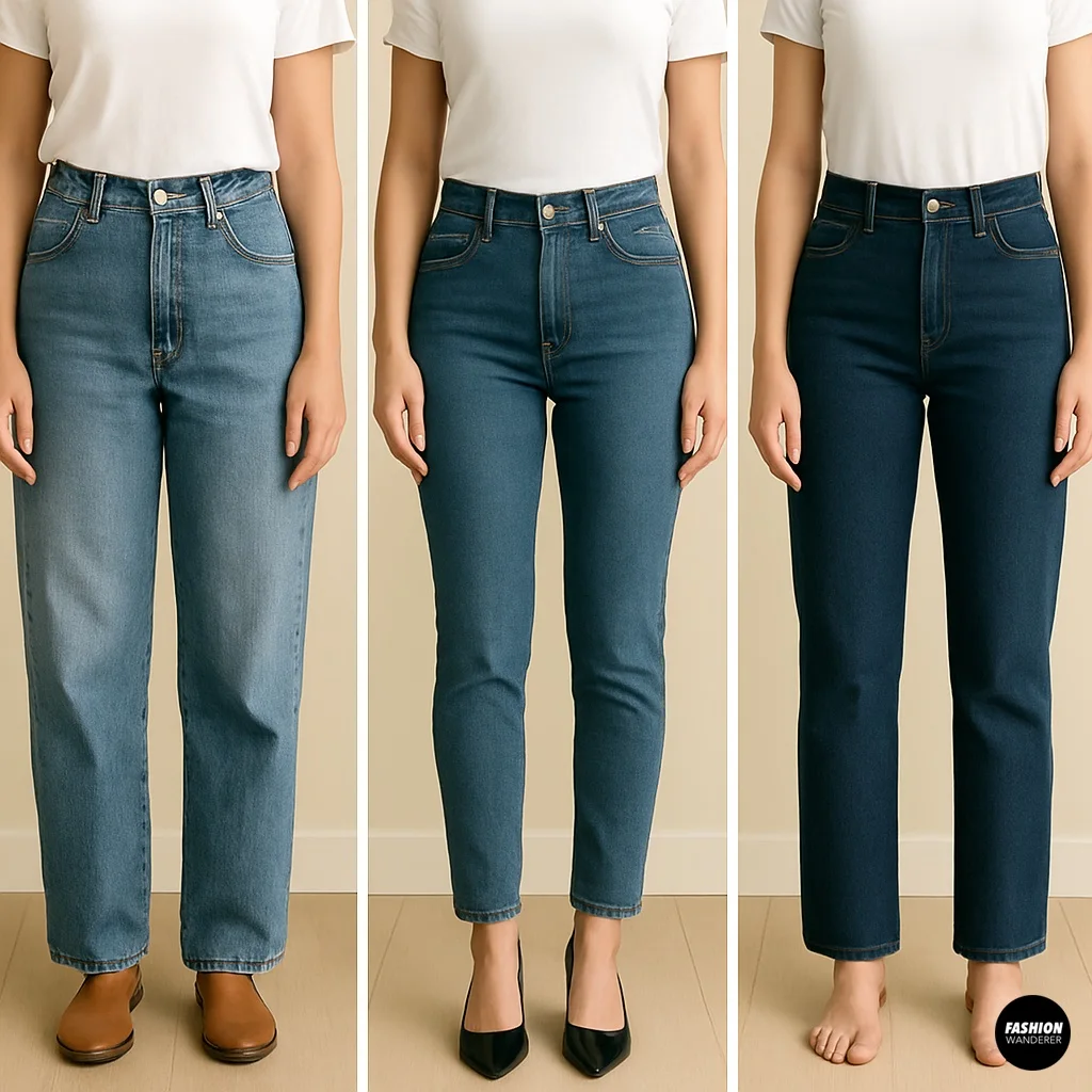 Comparison photo of three different denim fits&mdash;straight, skinny, and relaxed&mdash;on a woman, helping choose the best jeans for apron dress upcycling.