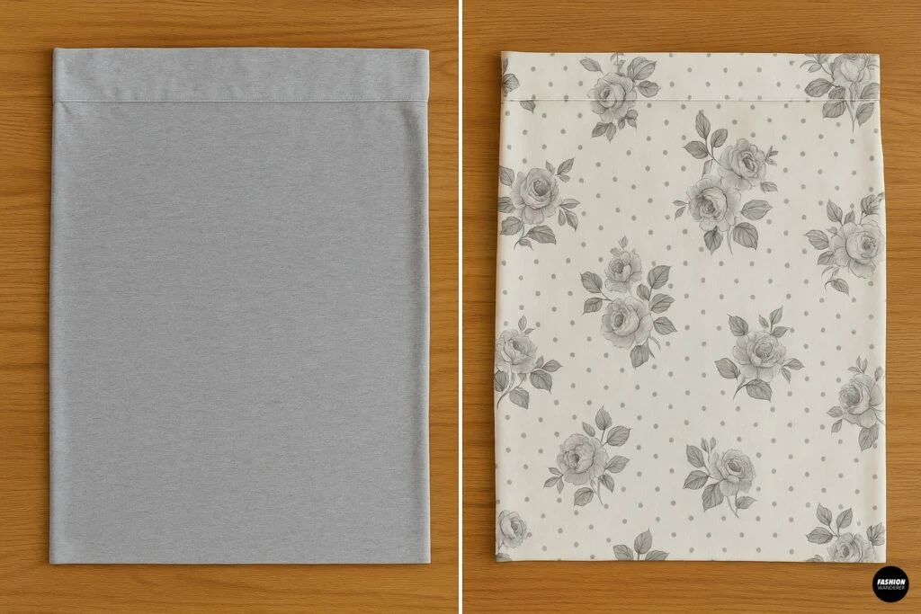 Two pillowcases side-by-side comparing fabric types for a no-sew skirt—stretchy jersey versus printed cotton.