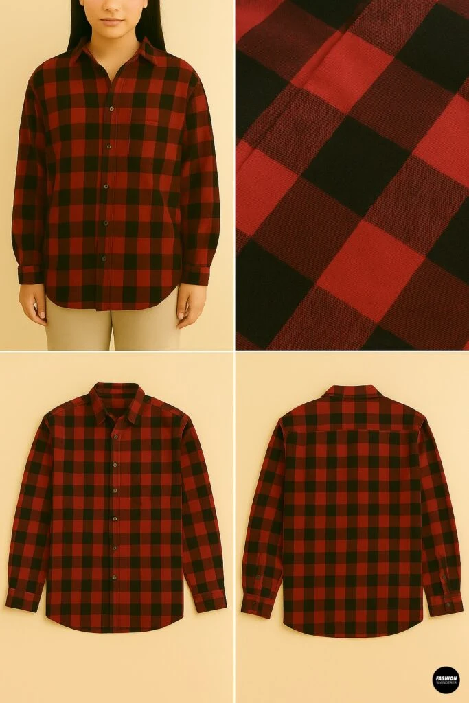 Step 1 of DIY wrap skirt tutorial showing a red and black plaid men&rsquo;s button-up shirt laid flat, ready for upcycling into a skirt.