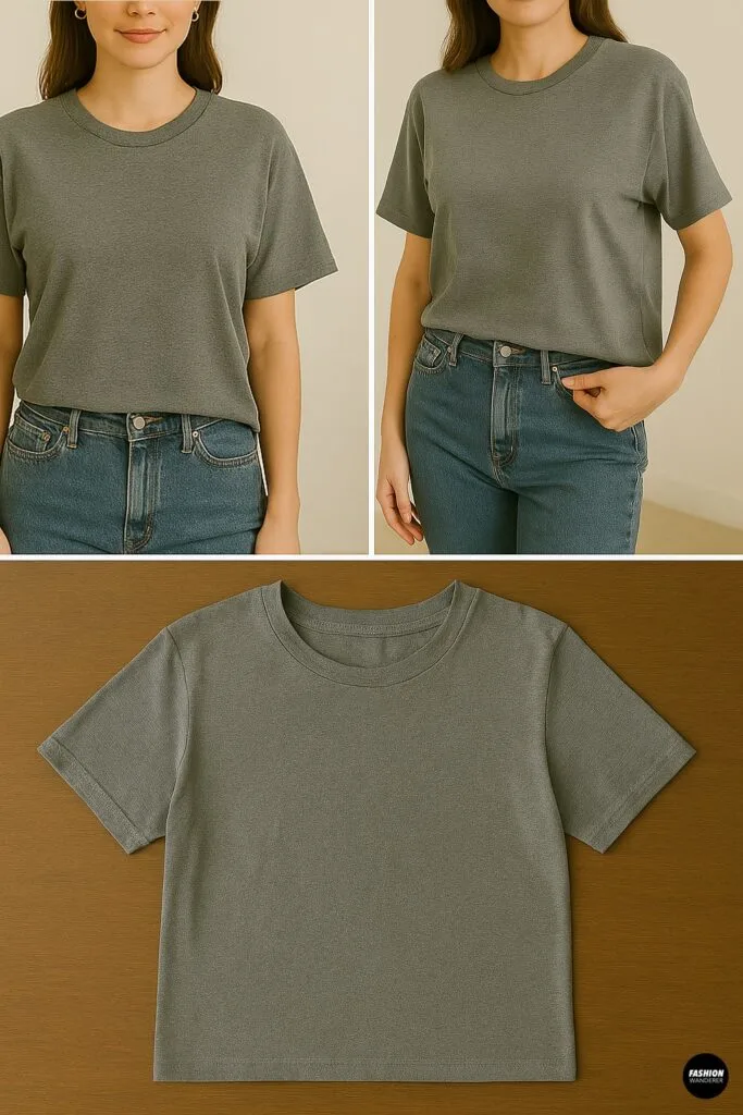 Collage showing a woman modeling a fitted gray T-shirt from the front and side, and a flat lay of the same shirt on a wooden table to illustrate the ideal base shirt for a baby tee transformation.