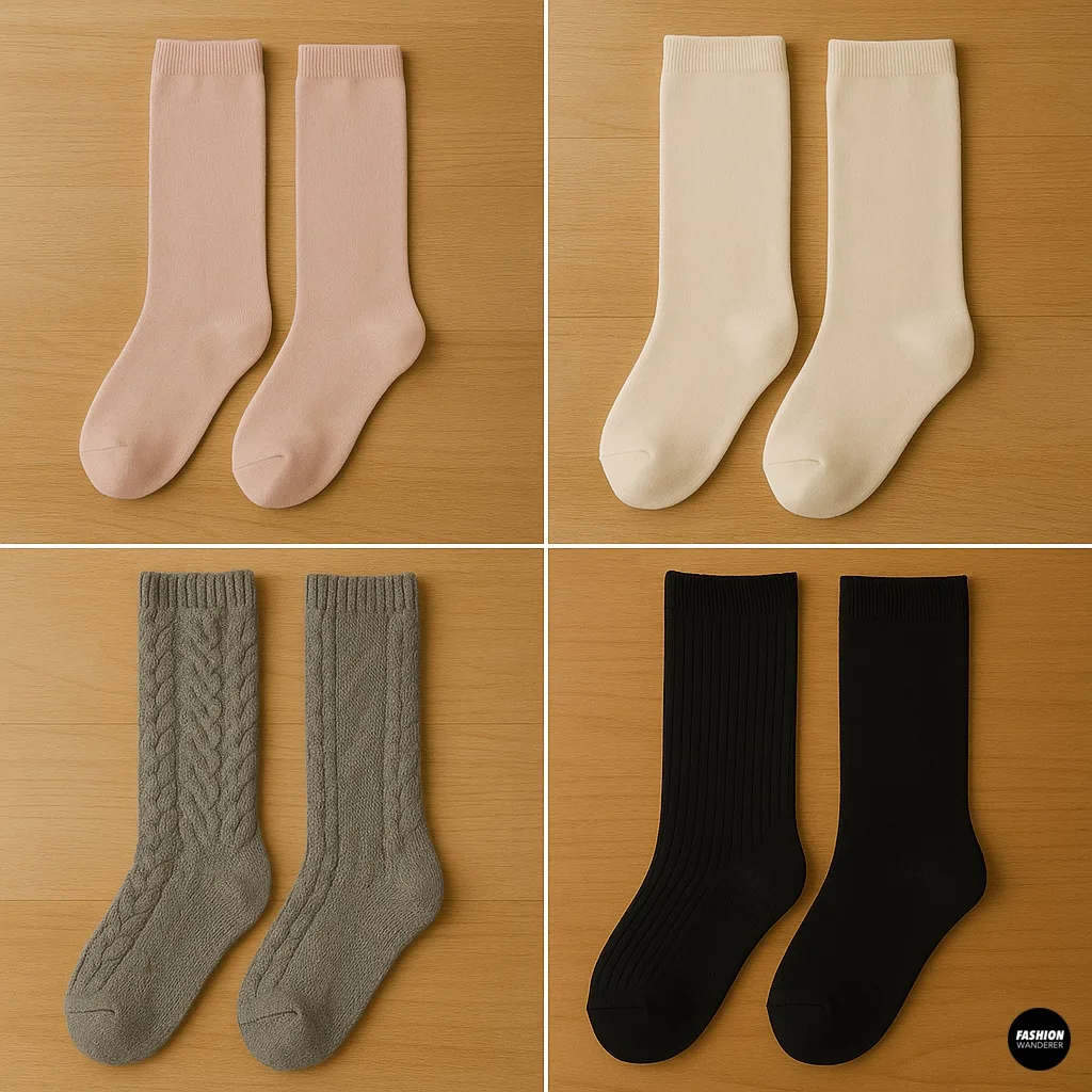 Different styles of socks&mdash;pastel pink, cream, gray cable knit, and black ribbed&mdash;laid out as options for making DIY balletcore arm warmers.