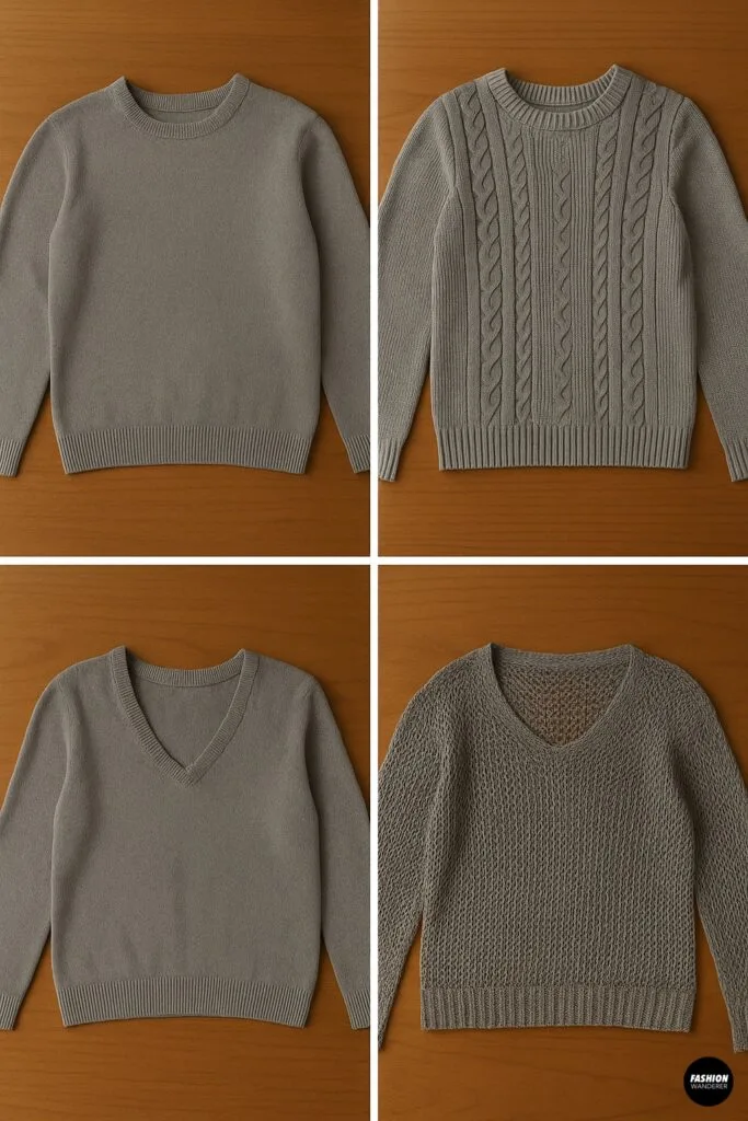Four grey sweaters in different textures and necklines laid flat on wooden surface for DIY vest tutorial.
