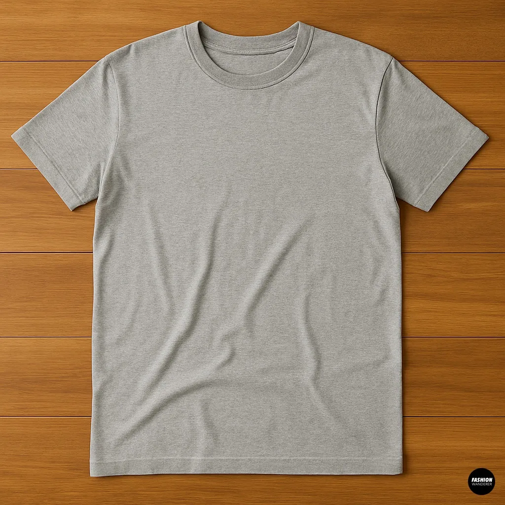 Plain light grey T-shirt laid flat on wooden surface, first step in DIY T-shirt backpack tutorial.