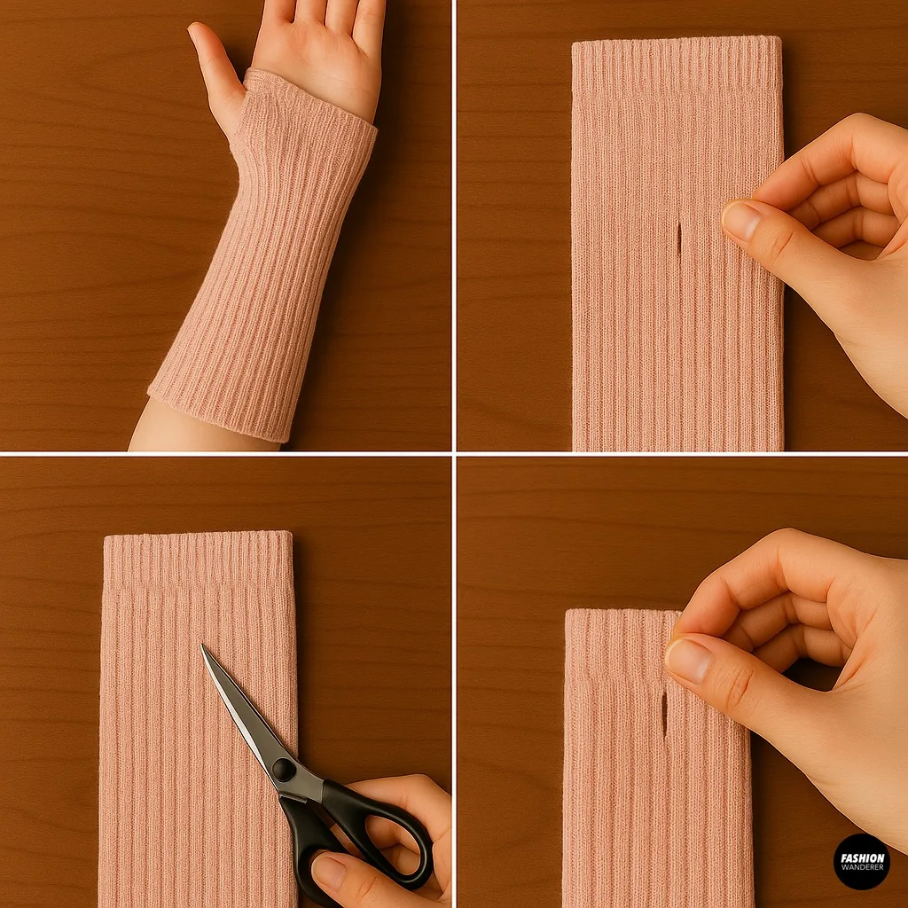 Step-by-step guide to creating a thumb hole in DIY sock arm warmers by marking, cutting, and adjusting a small slit in the fabric.