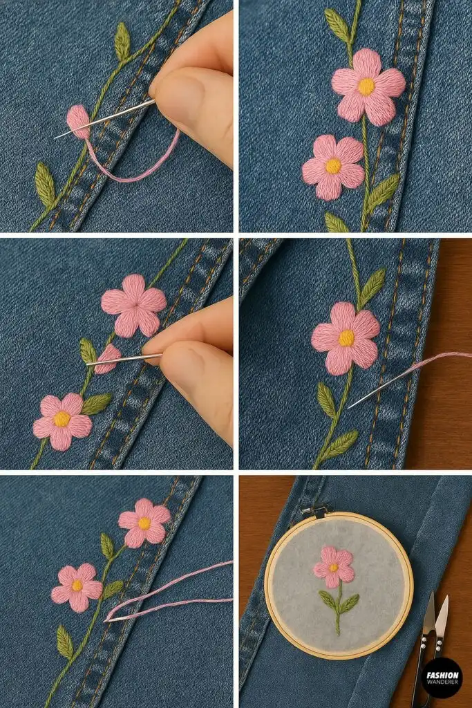 Hands embroidering pink flower petals onto denim using satin stitch technique, part of a hand embroidery floral design tutorial.
