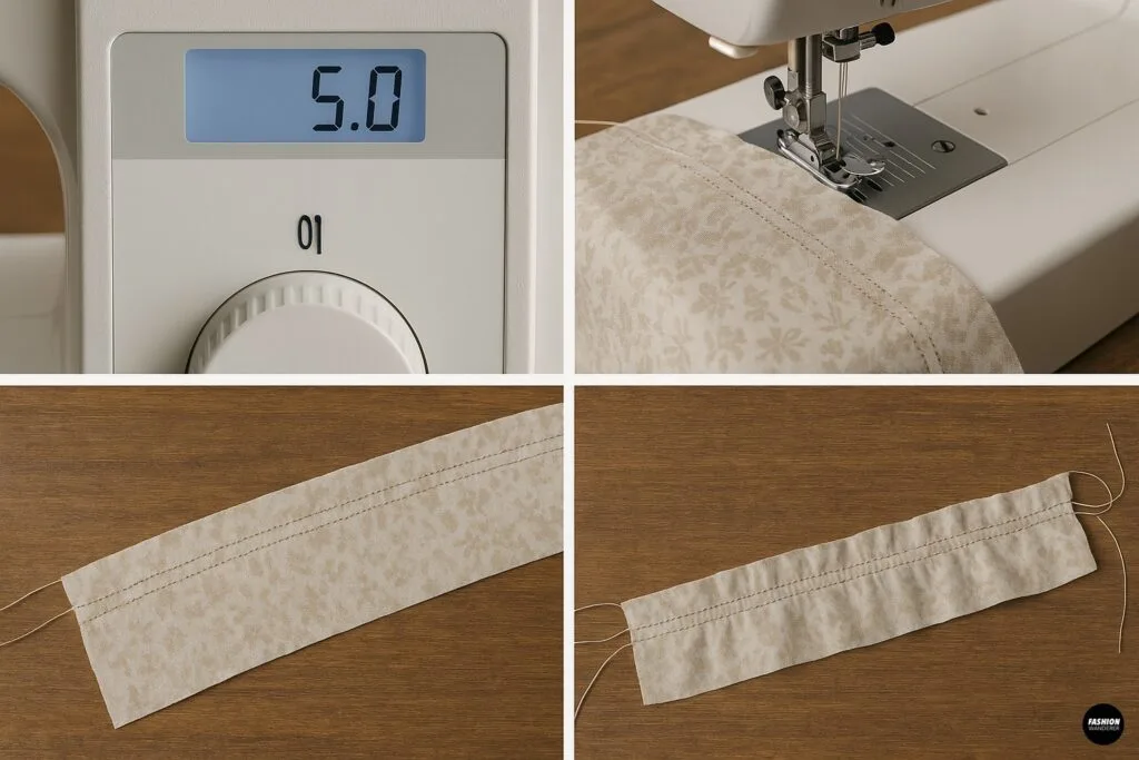 Four-panel collage showing gathering technique: (1) sewing machine dial set to long stitch length, (2) first row of basting stitches sewn along ruffle, (3) parallel second row of basting stitches, (4) close-up of two loose threads at end of fabric&mdash;creating gathering rows for ruffles.