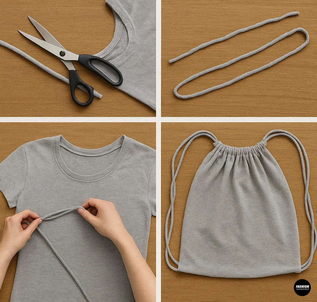 Step-by-step process of cutting and threading strips from T-shirt fabric to make drawstring straps for DIY backpack.
