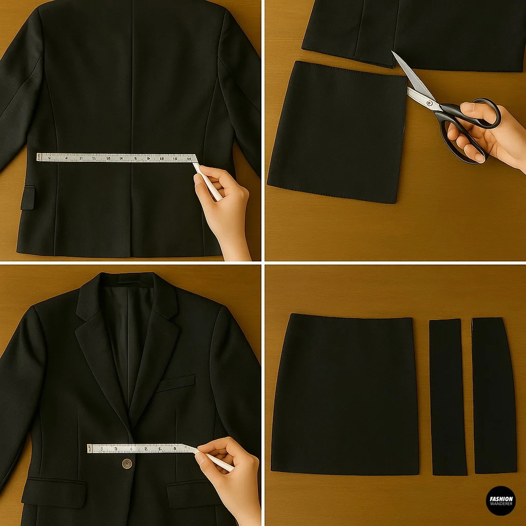 Hands measuring the back of a black blazer with tape and cutting front and back panels on a wooden surface to form a mini skirt.