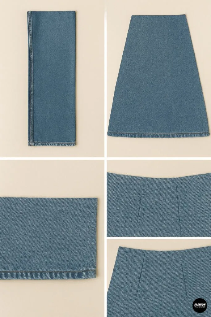 Photo collage showing how to fold and trim denim into a flared or A-line skirt shape, including optional dart placement for fit.