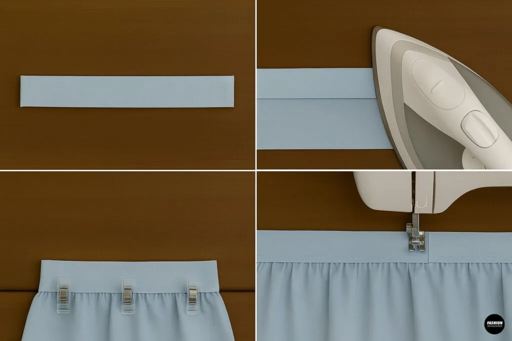 Step showing how to press and sew a blue waistband strip with an iron before attaching it to the DIY ruffled tier skirt.