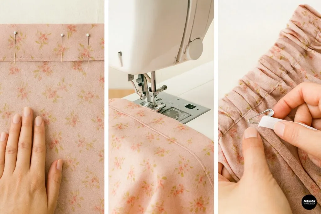 Floral skirt top edge folded 1.5” for casing, machine stitching waistband channel, and elastic threaded with a safety pin.