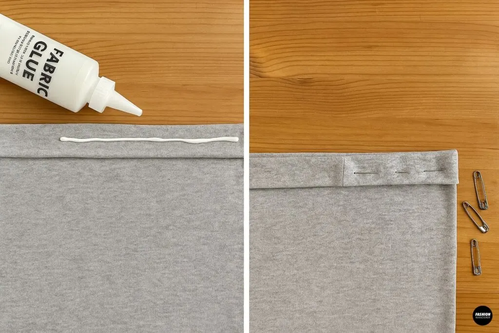 Folded top edge of pillowcase forming a waistband casing, glue or fold technique shown for no-sew skirt.