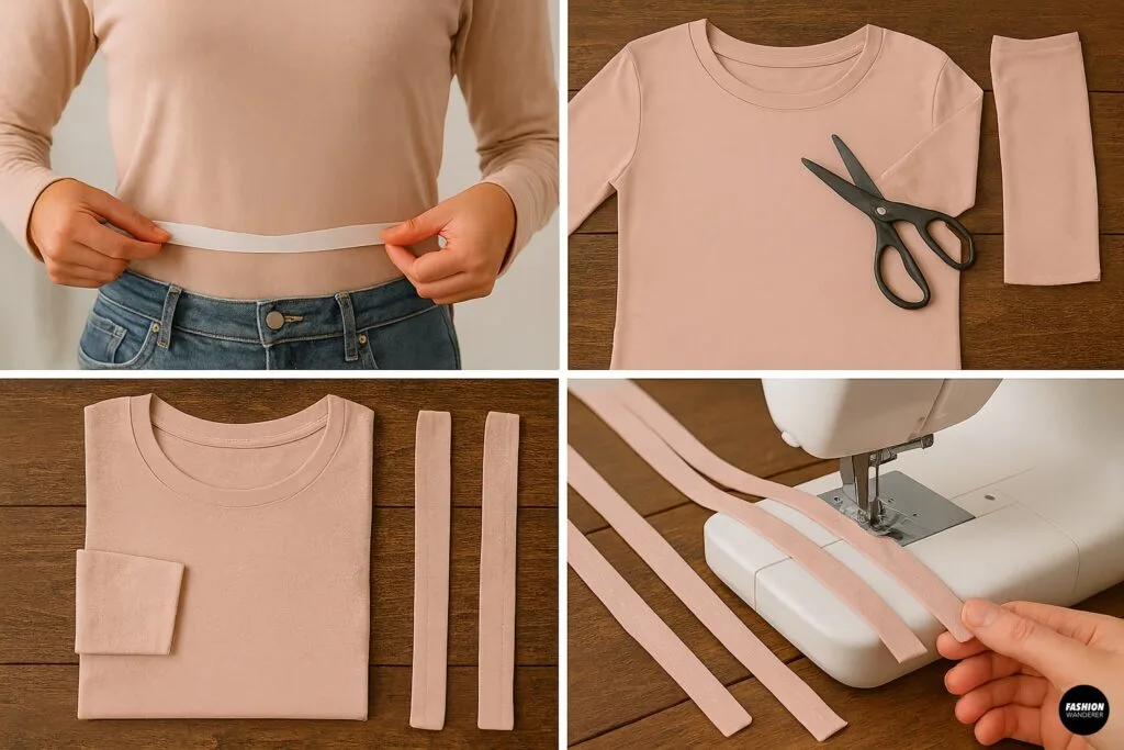 Step-by-step images of measuring, cutting, and sewing long pink jersey strips to create wrap ties from sleeves of the T-shirt; includes sewing machine action shot.
