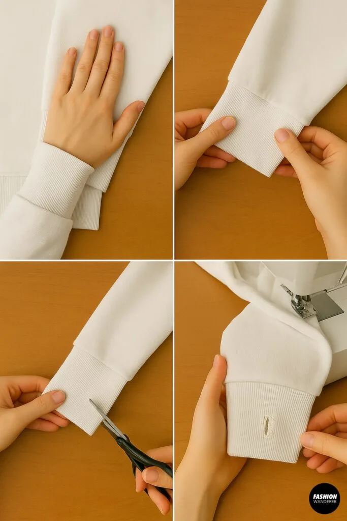 DIY tutorial creating thumbholes in hoodie sleeves with scissors and sewing machine for a cozy custom fit.