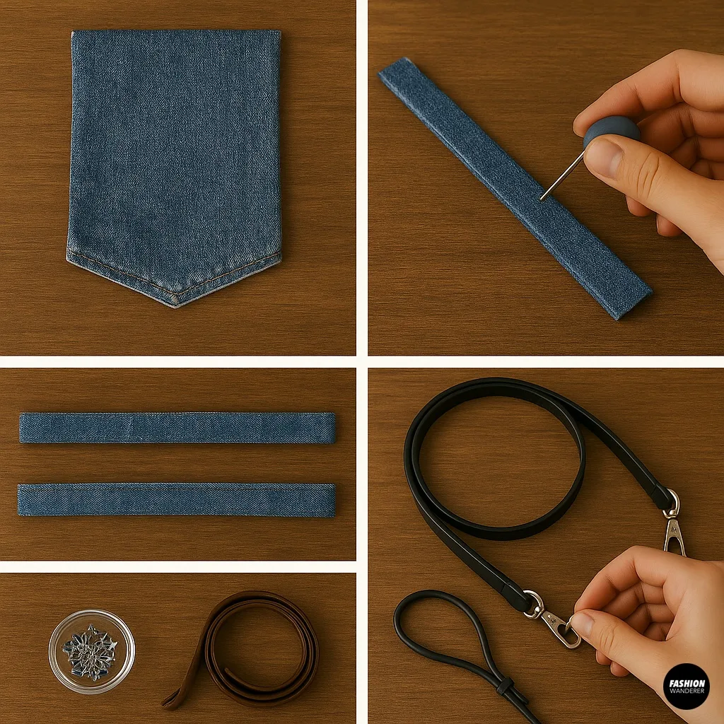 Visual tutorial showing how to make a crossbody strap from denim and leather with hardware, pins, and clips&mdash;ideal for upcycled jean pocket bag making.
