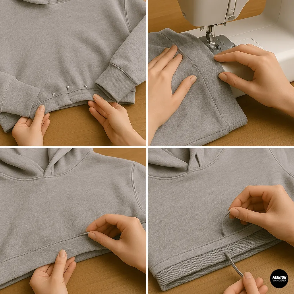 Four-panel step-by-step of hemming the crop top: pins securing folded raw edge, machine sewing a stretch stitch, hand folding the new hem, and threading a drawcord through a DIY casing.