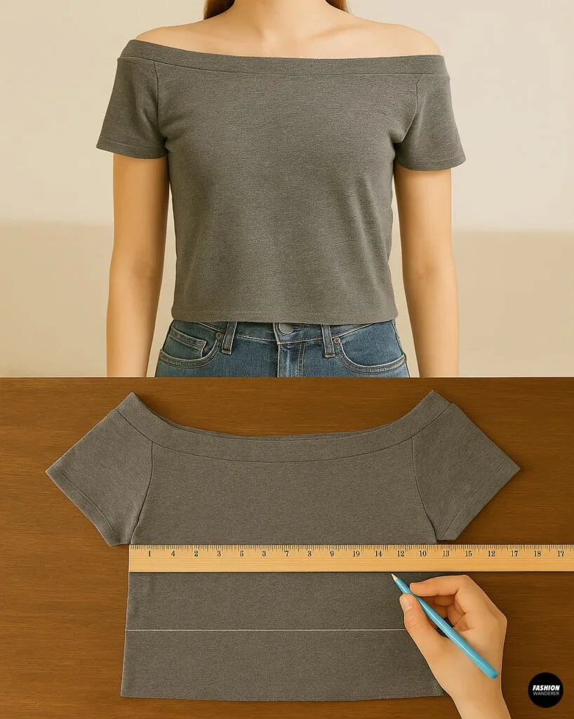 Four-step collage of hands folding, sewing, and reinforcing the neckline on a gray T-shirt using a sewing machine to create a clean off-shoulder edge.