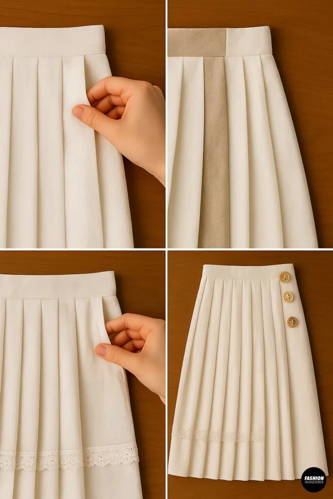 Pleated mini skirt customization ideas—contrast panel, hidden side pocket, lace-trim hem, and decorative buttons—upcycled curtain skirt sewing inspiration.