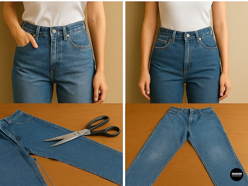 Step-by-step visuals showing how to cut along the inseam of denim jeans with scissors, preparing fabric for apron dress transformation.