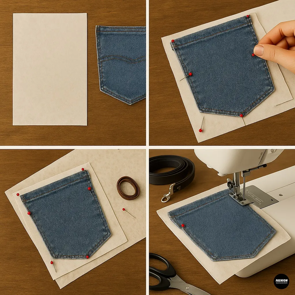 DIY flatlay collage showing how to cut and attach a fabric lining to a denim pocket using sewing pins and a machine&mdash;perfect for creating a structured crossbody pouch.