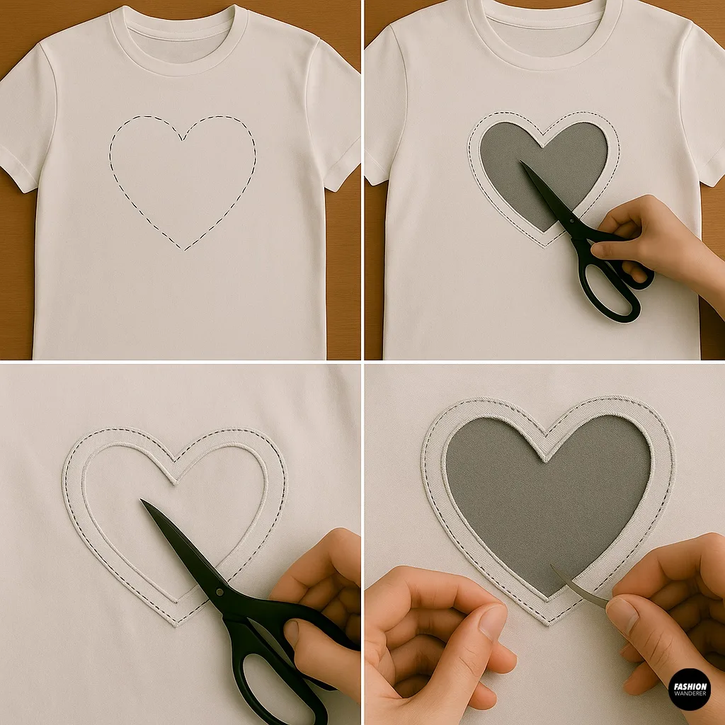 Four-panel collage showing a dashed heart outline on a white T-shirt, cutting out the stitched heart shape with sharp scissors, trimming inner fabric for a clean edge, and revealing the contrast layer through the cut opening.