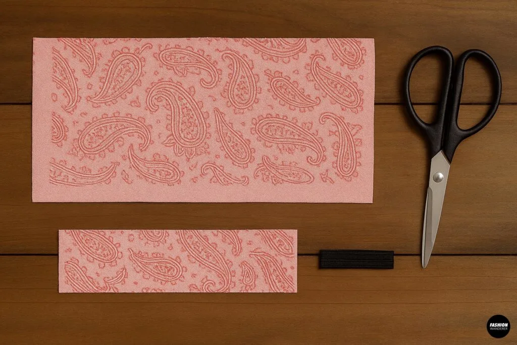 Two pink paisley fabric strips cut with scissors and paired with elastic band for sewing a DIY matching scarf headband.