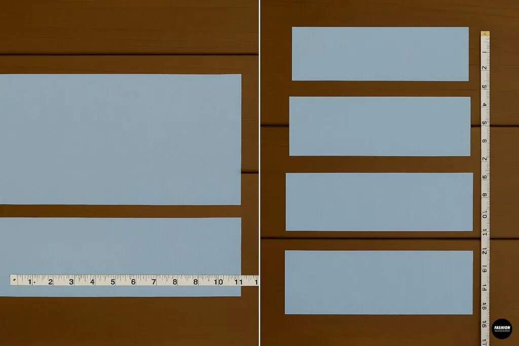 Blue fabric strips cut and measured with a ruler on a wooden table, prepared for sewing tiers of a DIY ruffled skirt.