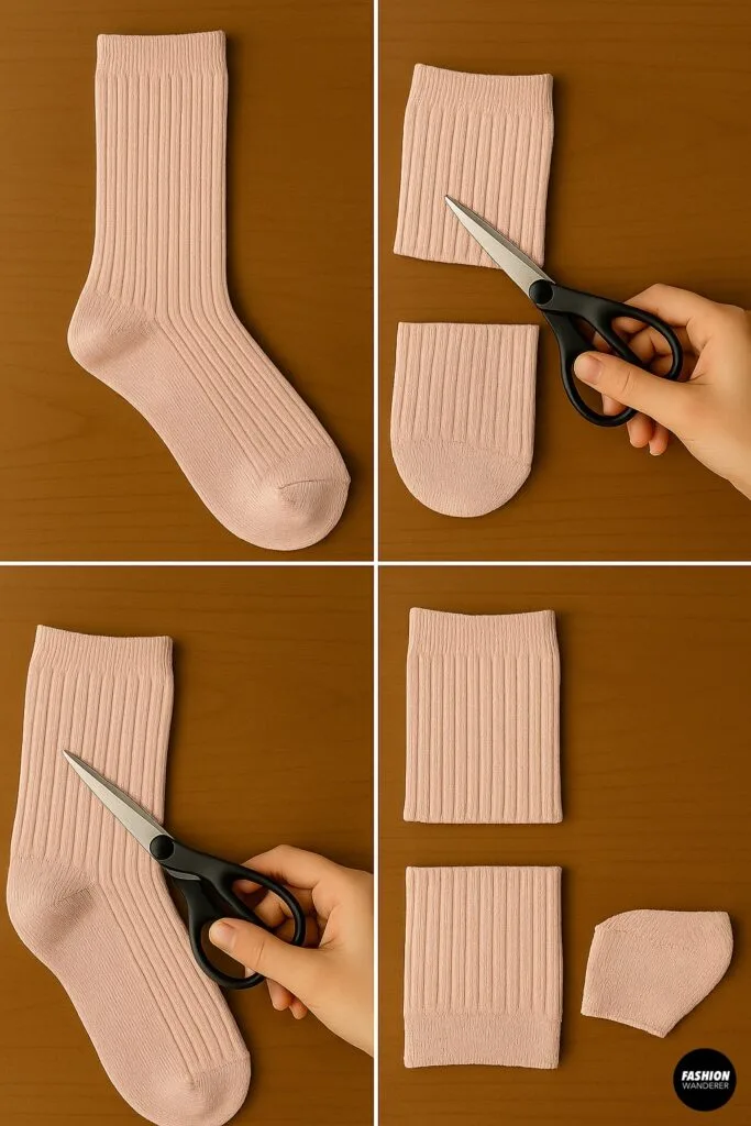 Tutorial showing how to cut off the foot section of pastel pink socks with scissors to create the fabric tube for DIY arm warmers.