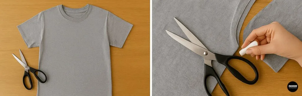Step showing sleeves of grey T-shirt being cut off with scissors on wooden table for no-sew backpack project.