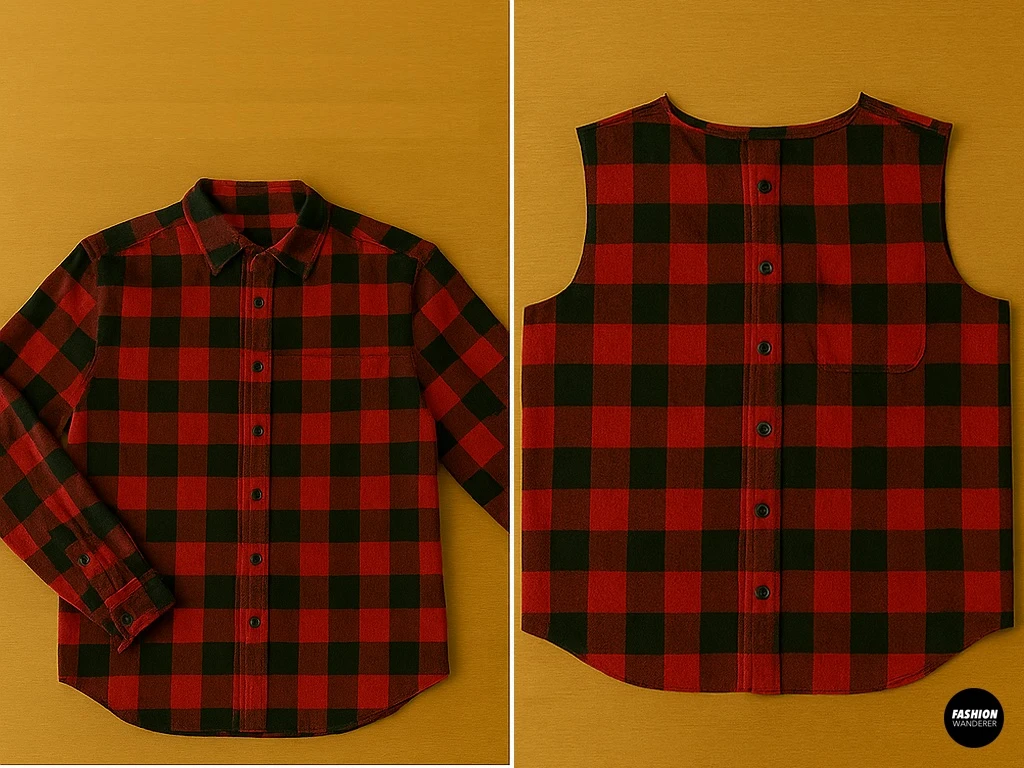 Step 2 of DIY wrap skirt tutorial showing sleeves and collar cut off from a plaid button-up shirt using sewing scissors.