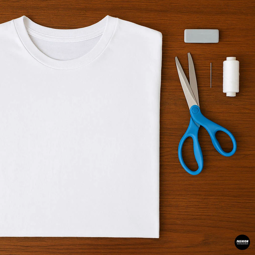 Flat lay of plain white folded t-shirt with blue scissors, white thread, needle, and eraser on wooden surface, sewing project essentials.