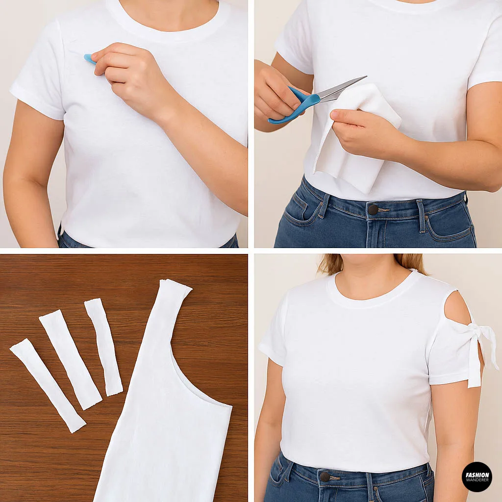 Collage showing hands marking shoulder with chalk, cutting sleeve fabric, fabric strips cut out, and finished white t-shirt with shoulder tie detail worn by model.