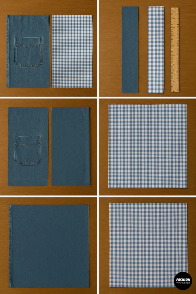 Denim and gingham shirt panels cut into rectangles for tote bag body, pocket, and strap pieces laid flat on wooden background.