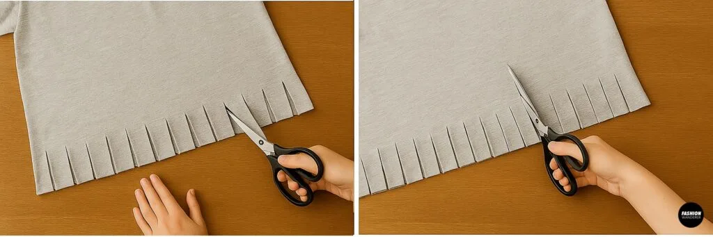 Scissors cutting evenly spaced slits along bottom hem of grey T-shirt to prepare for knotting in backpack tutorial.