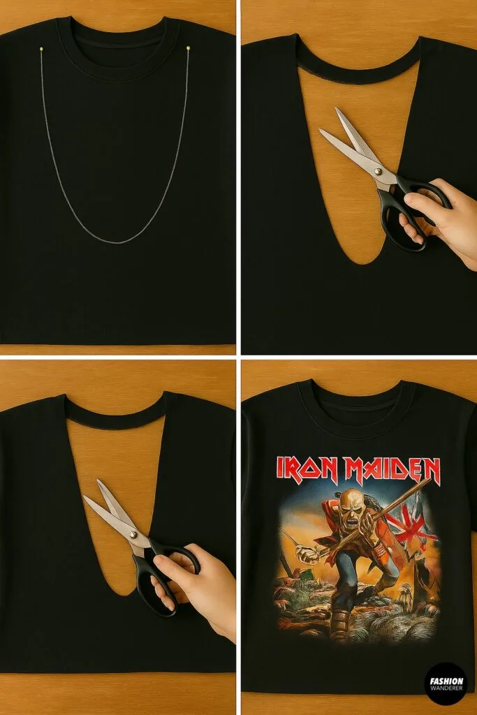 IY tutorial collage showing scissors cutting a deep scoop in the back of a black Iron Maiden t-shirt to create a backless top.