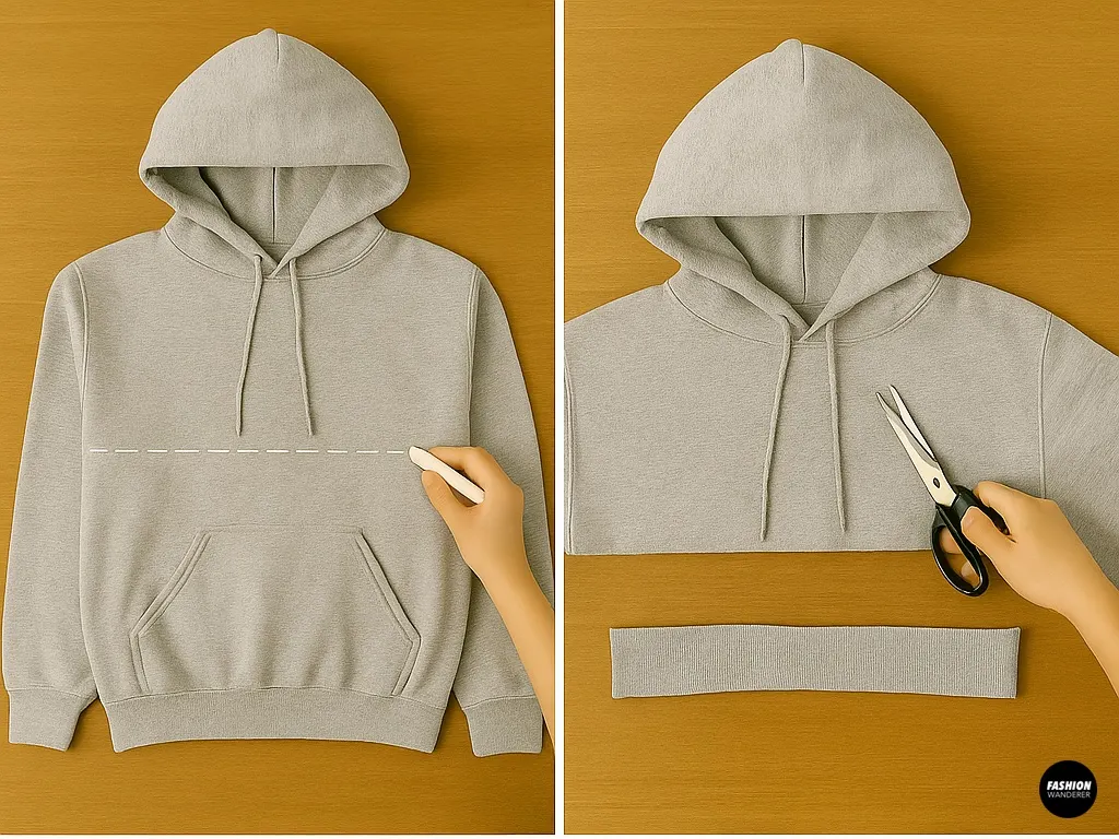 DIY hoodie upcycle tutorial showing how to cut an oversized hoodie into a cropped hoodie using fabric scissors.